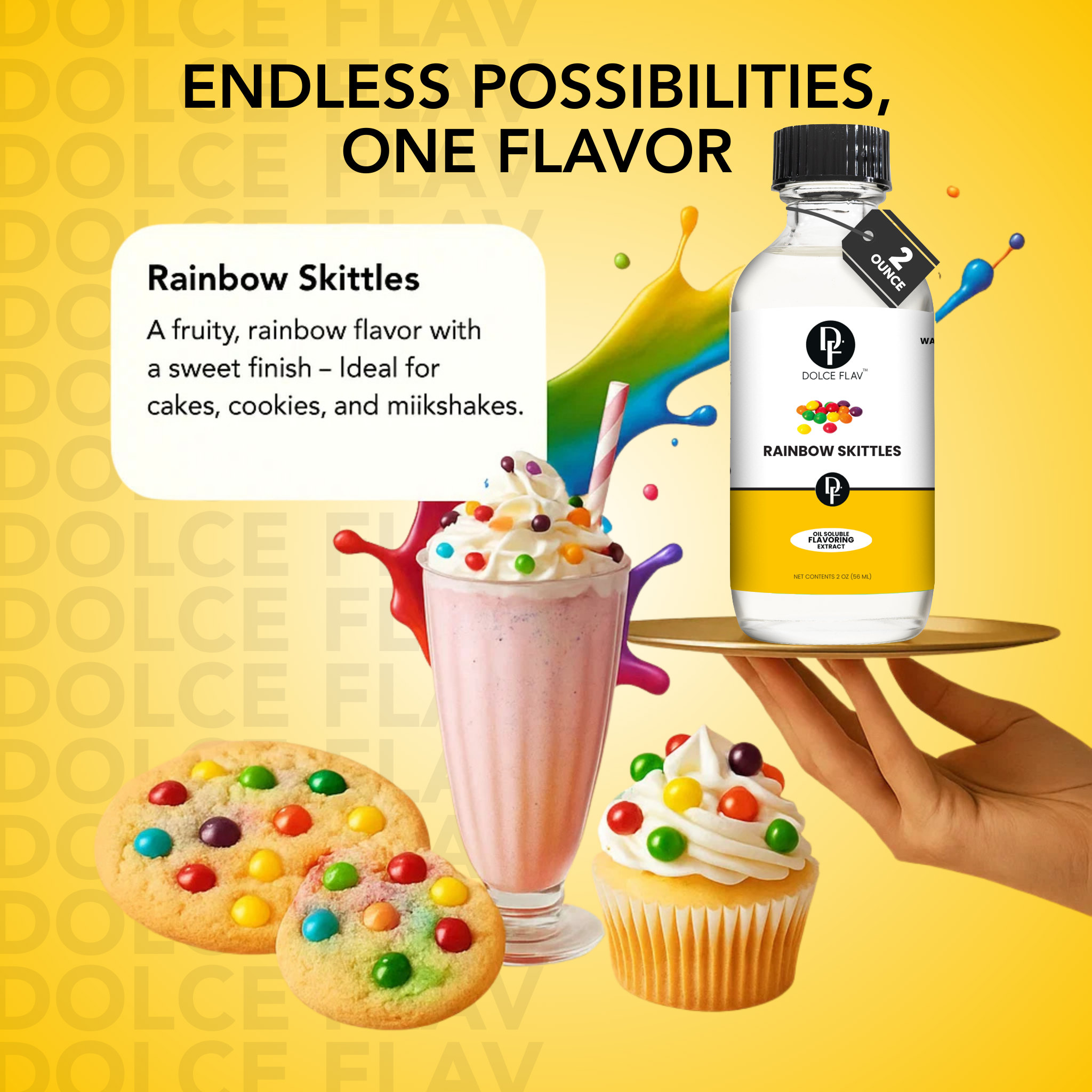 Dolce Flav Rainbow Skittles flavor bottle with desserts on a yellow background