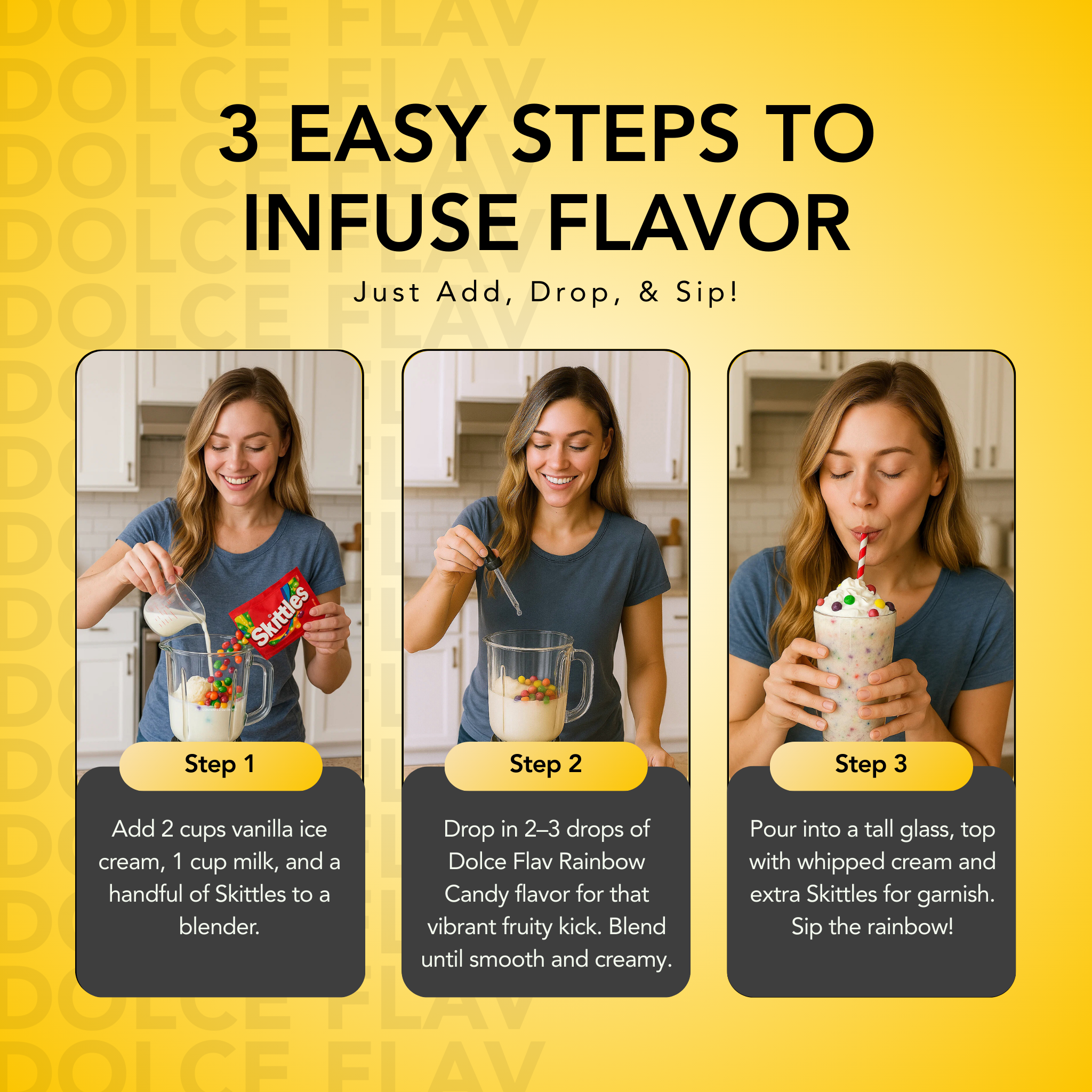 Three-step process for infusing flavor with ice cream and candy, shown on a yellow background.