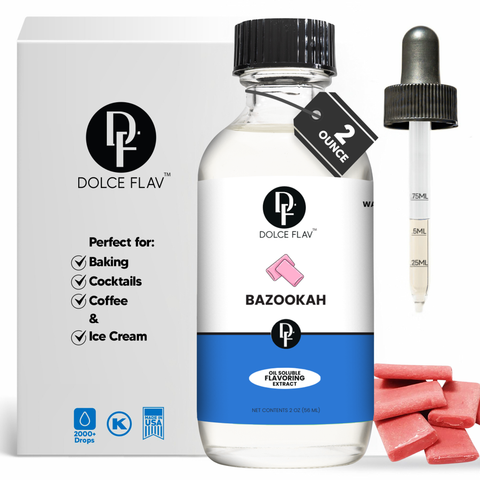 Dolce Flav Bazookah flavoring extract with packaging, bottle, and red candy on a white background