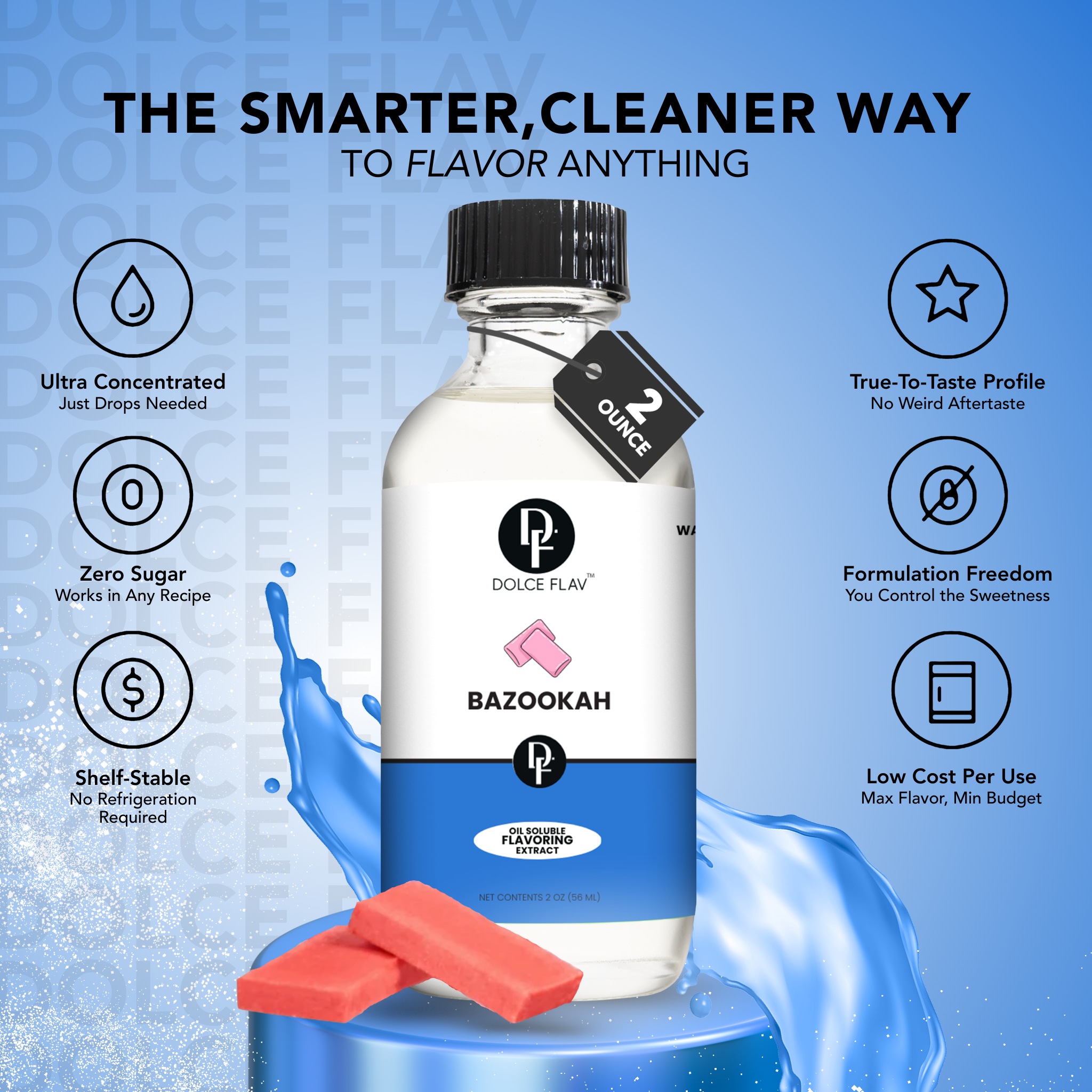 Bazookah Dolce Flav bottle with features listed on a blue background