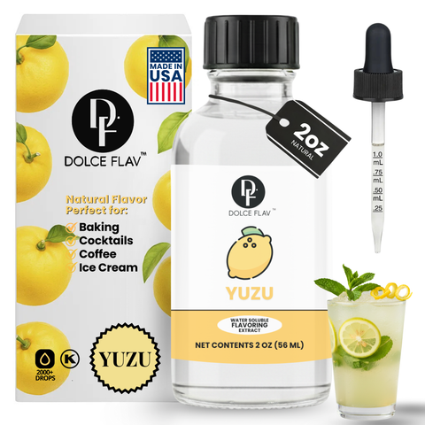 Dolce Flav yuzu flavor extract bottle with packaging, dropper, and a glass of lemonade.