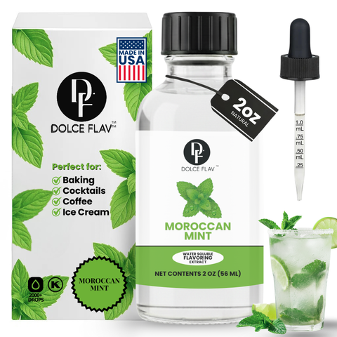 Dolce Flav Moroccan Mint extract bottle with packaging and a glass of mint tea.