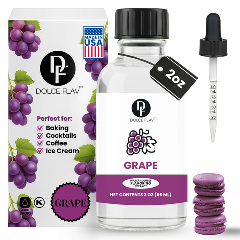 Dolce Flav grape flavoring extract with packaging, bottle, dropper, and macarons on a white background.