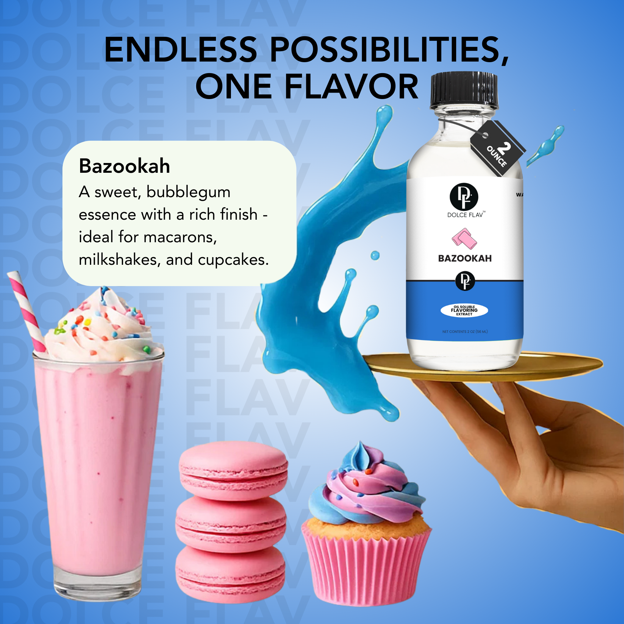 Bazookah bubblegum essence bottle with pink milkshake, macarons, and cupcake on a blue background