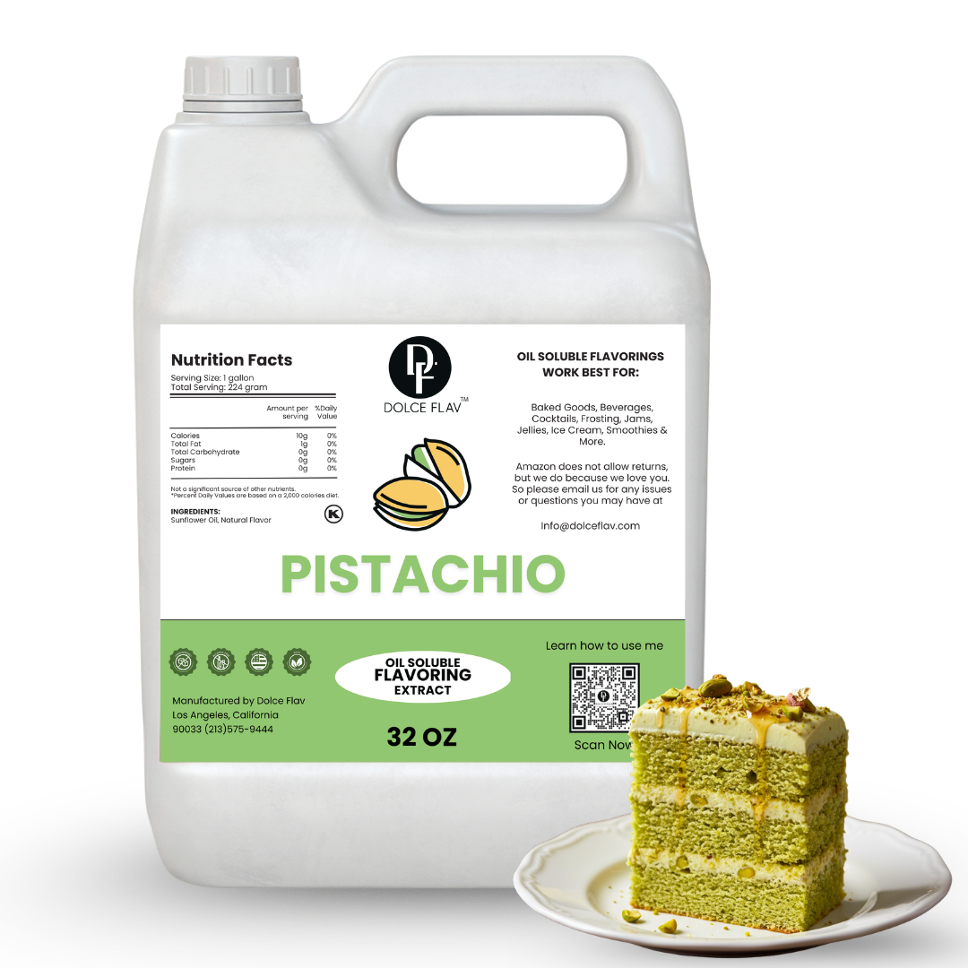 Dolce Flav Pistachio flavoring extract container with a slice of pistachio cake on a white background