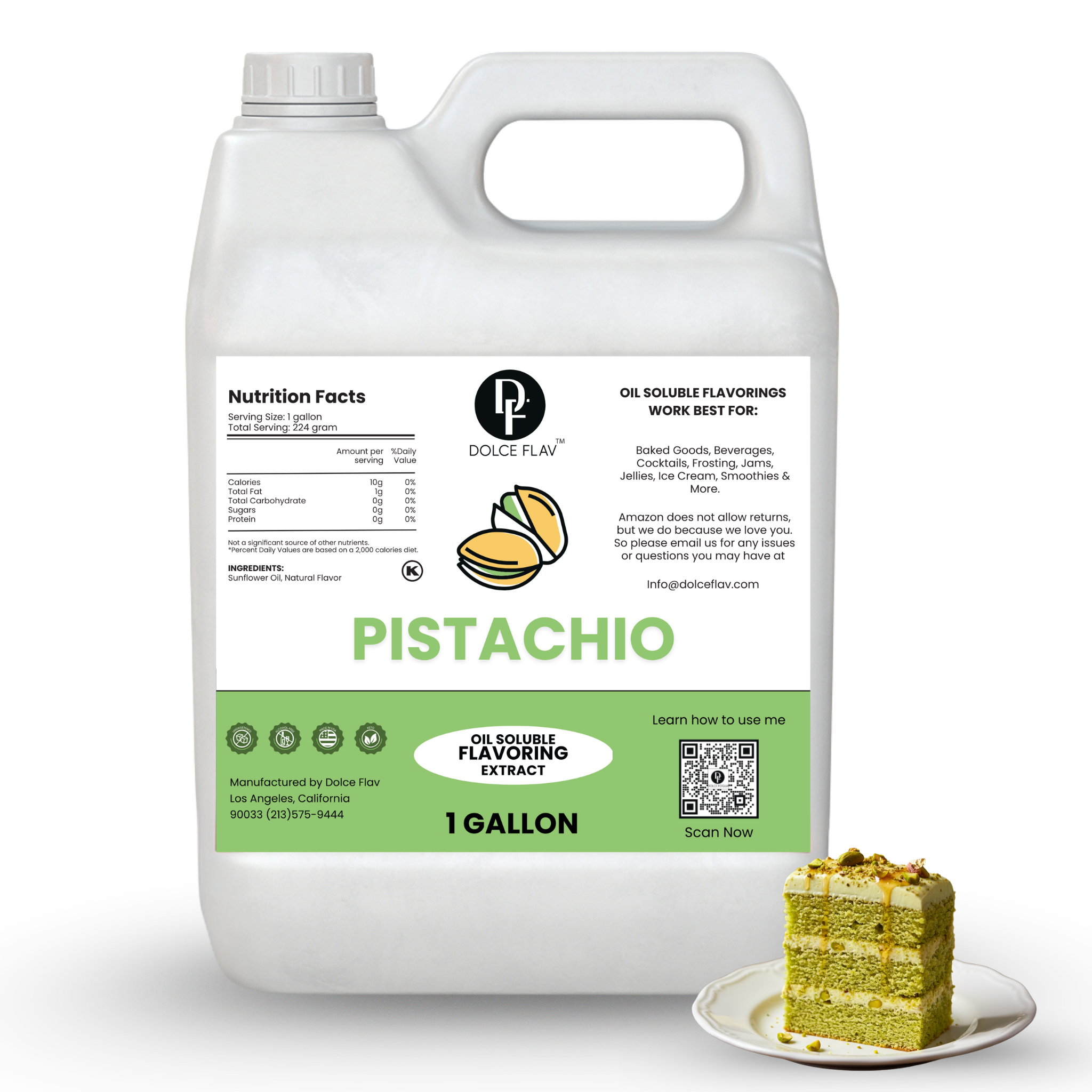 Pistachio flavor extract container with a slice of pistachio cake on a white background