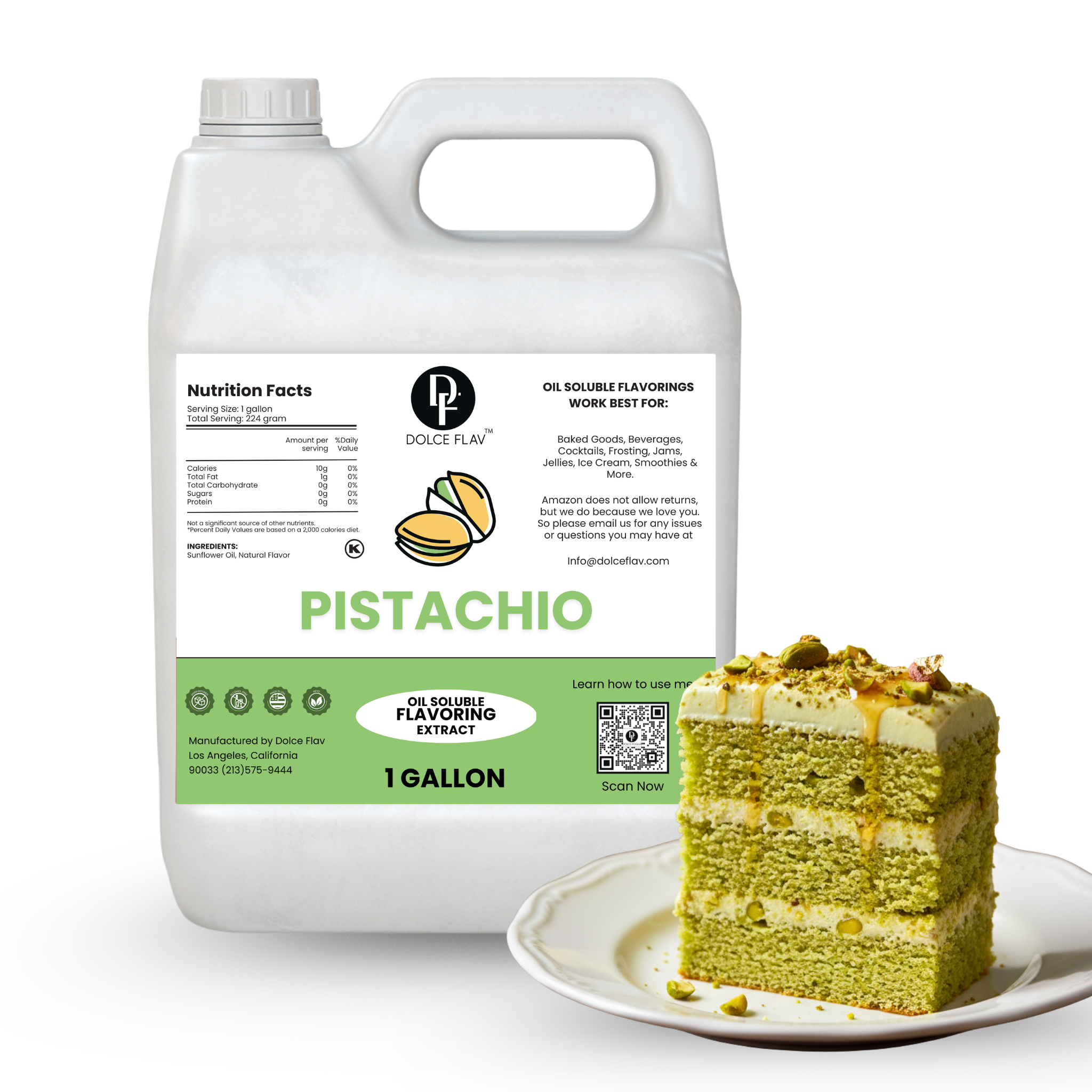 Pistachio flavor extract container with a slice of pistachio cake on a white background