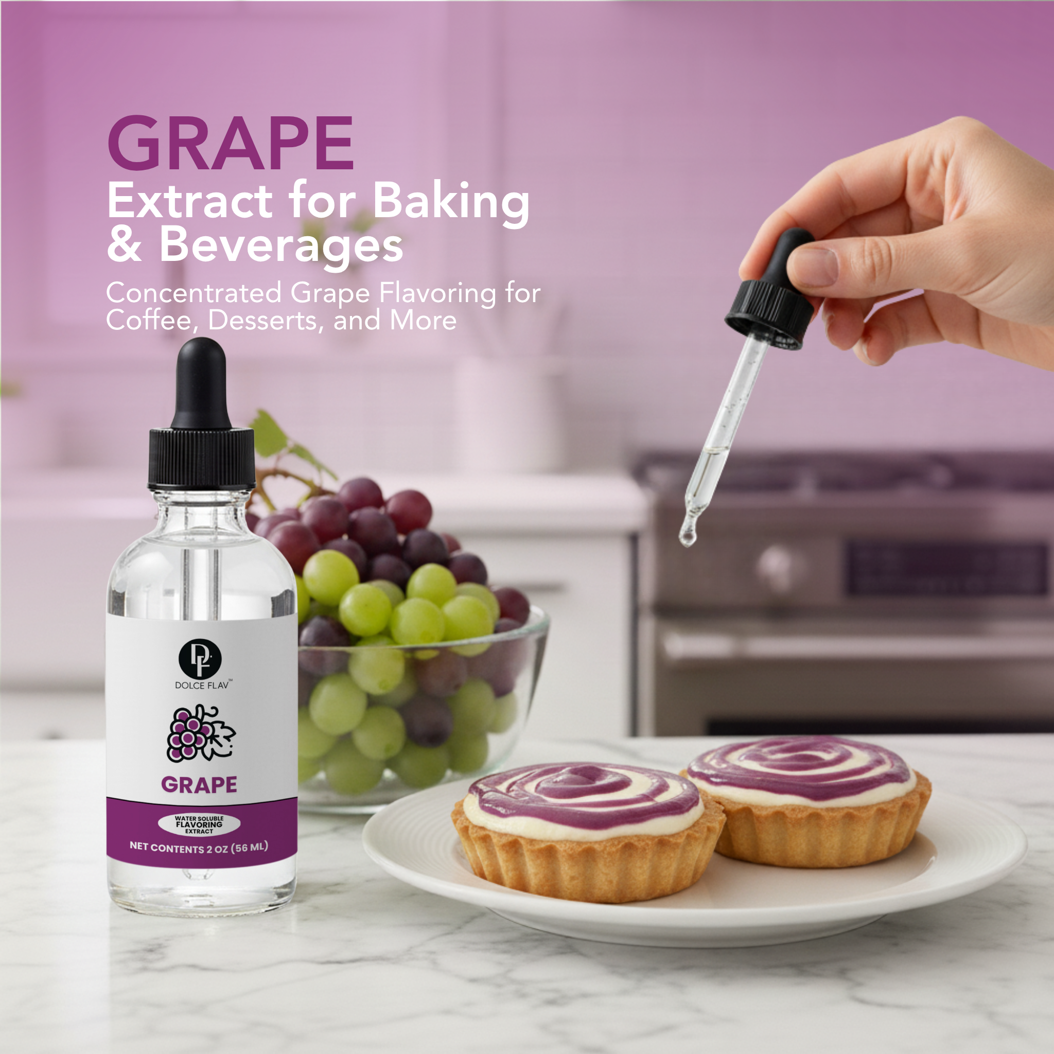 Bottle of grape extract with a dropper, grapes, and pastries on a kitchen counter.