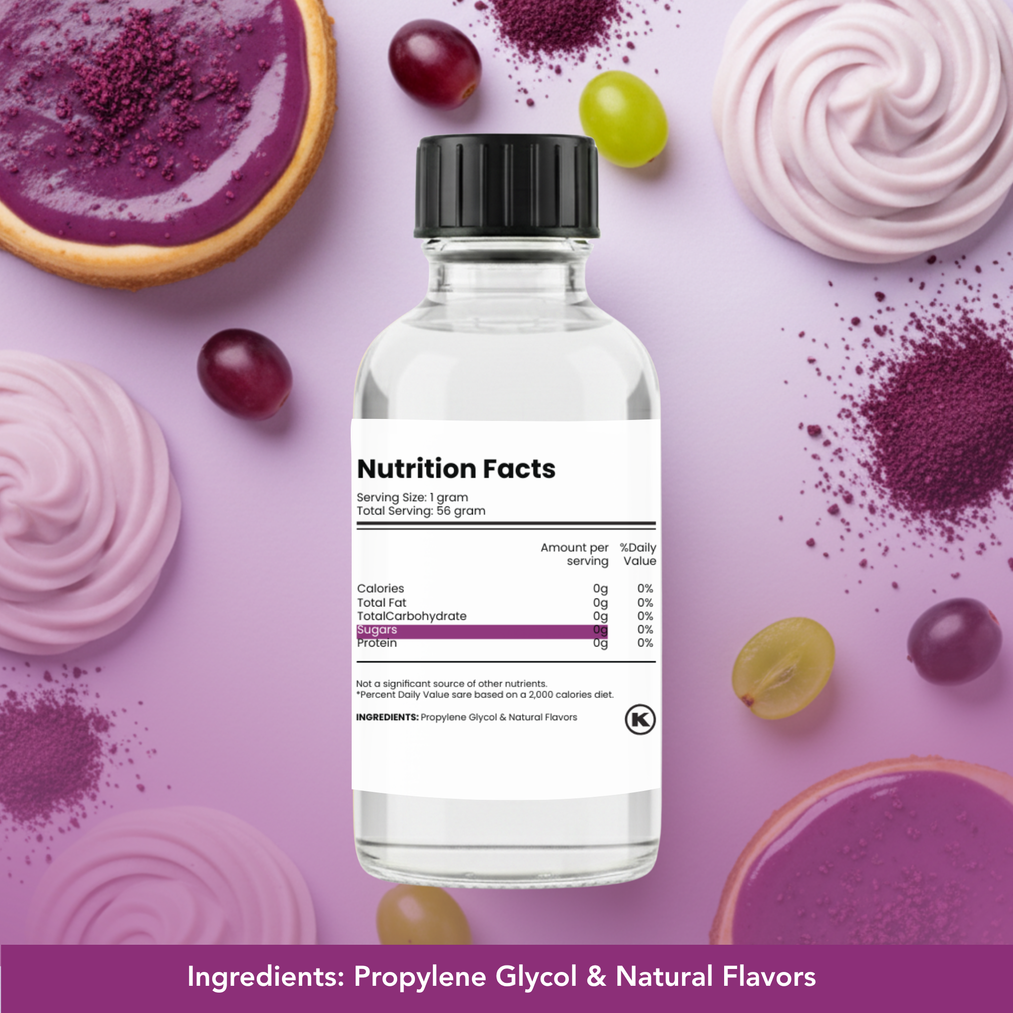 Bottle of a purple-flavored product with nutrition facts label surrounded by purple and green grapes and desserts on a pink background.