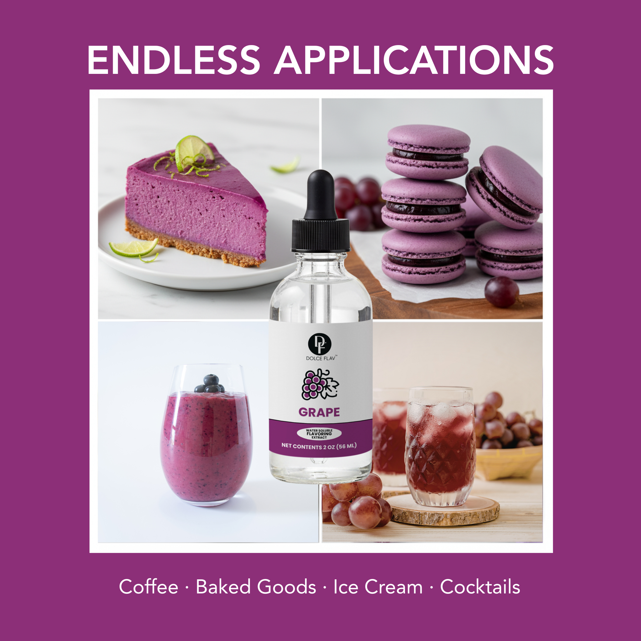 Collage of grape-flavored products including a cake, macarons, smoothie, and drinks with a purple background and text 'Endless Applications'.