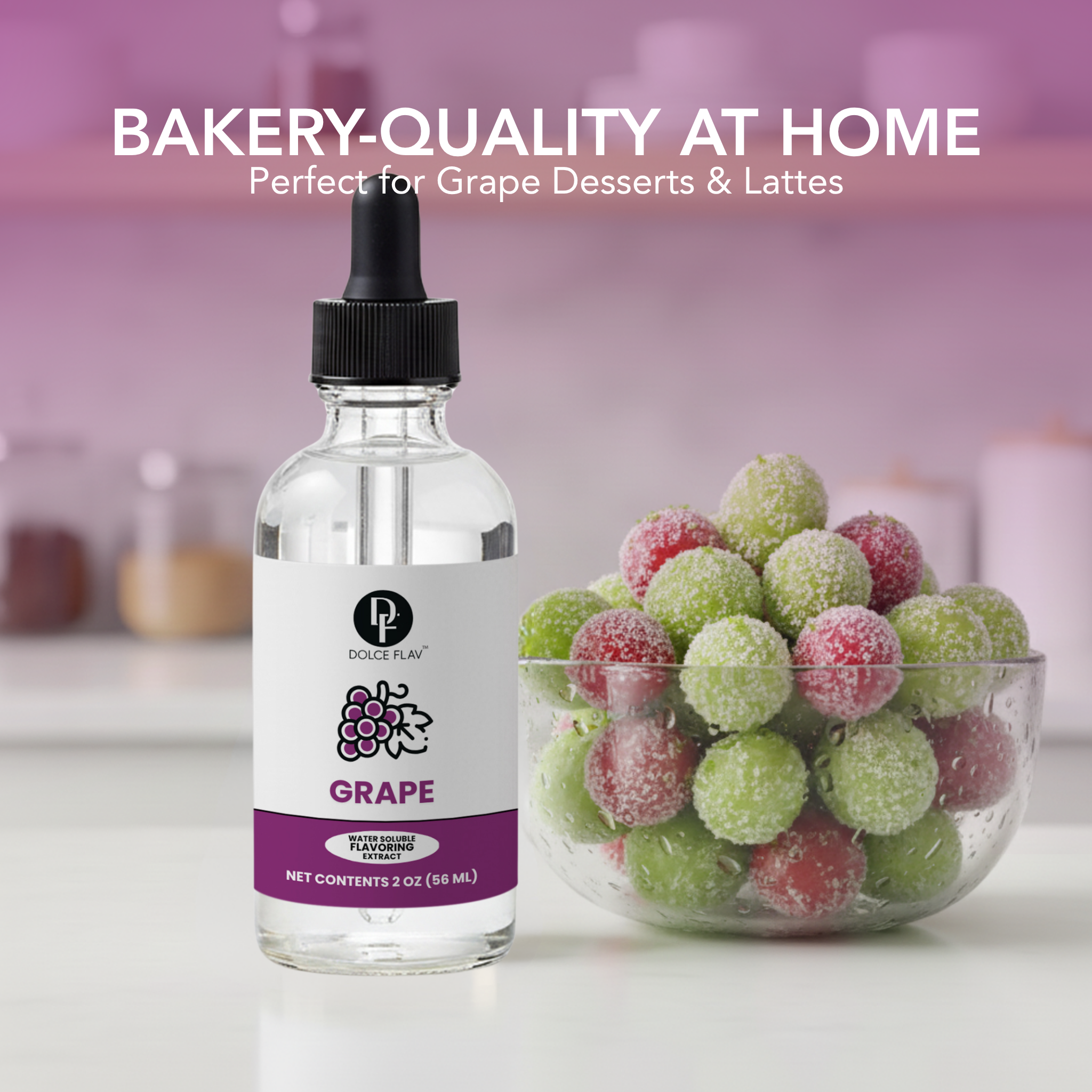 Bottle of Dolce Flav grape syrup with a bowl of grapes on a kitchen counter.