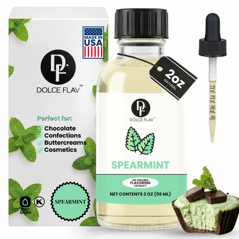 Spearmint flavoring extract with packaging and a chocolate mint cupcake.