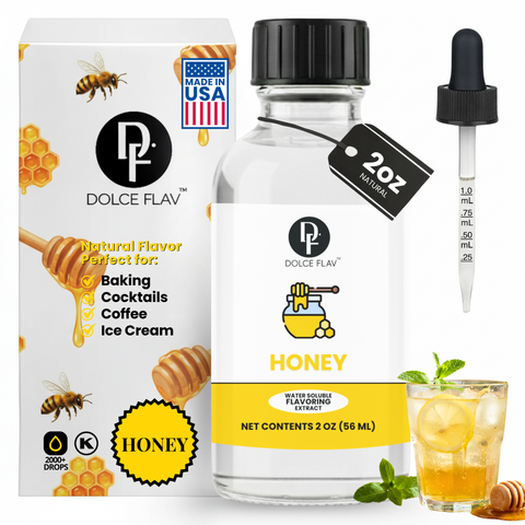 Dolce Flav honey flavoring extract with packaging, bottle, and dropper on a white background.