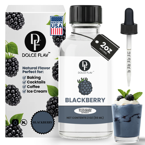 Dolce Flav blackberry flavoring extract with packaging, bottle, and dessert.