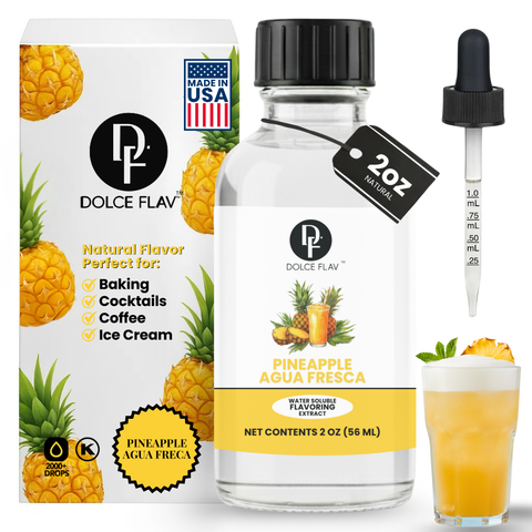 Dolce Flav Pineapple Agua Fresca flavor extract bottle with packaging and a glass of the product.