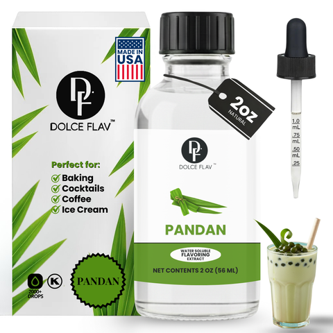 Dolce Flav Pandan extract bottle with packaging and a small glass of dessert.