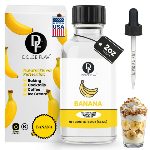 Dolce Flav banana flavor extract with packaging, bottle, and usage suggestions on a white background.