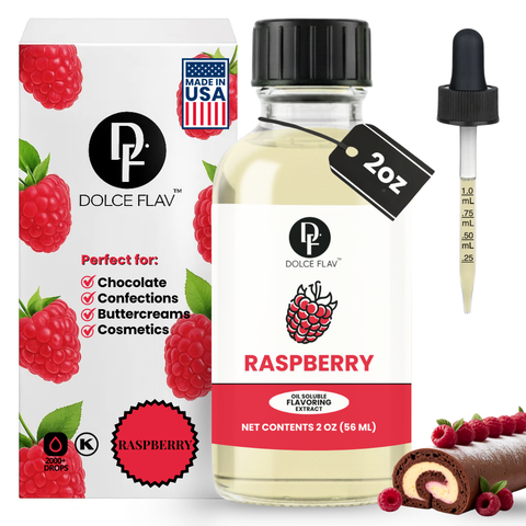 Dolce Flav raspberry flavoring extract with packaging and dropper on a white background
