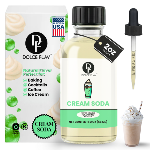 Dolce Flav cream soda flavor extract bottle with packaging and dropper on a white background