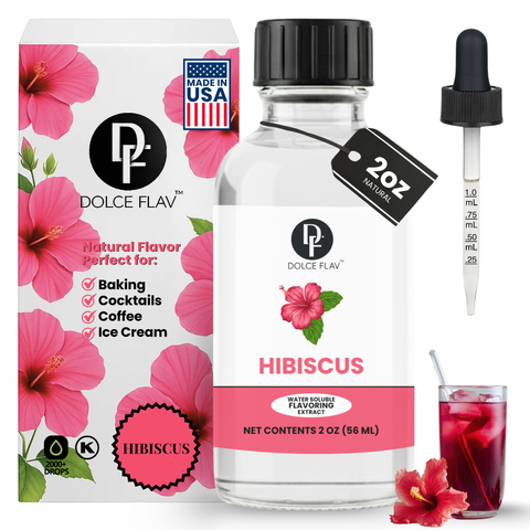 Dolce Flav Hibiscus flavor extract bottle with packaging and dropper on a white background