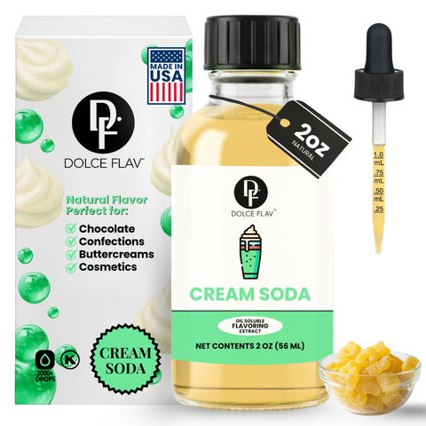 Dolce Flav cream soda flavoring extract with packaging, dropper, and small bowl of flavoring.