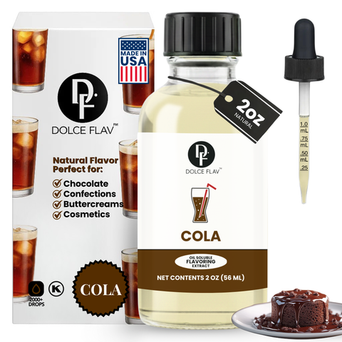 Dolce Flav Cola flavoring extract with packaging and dropper on a white background