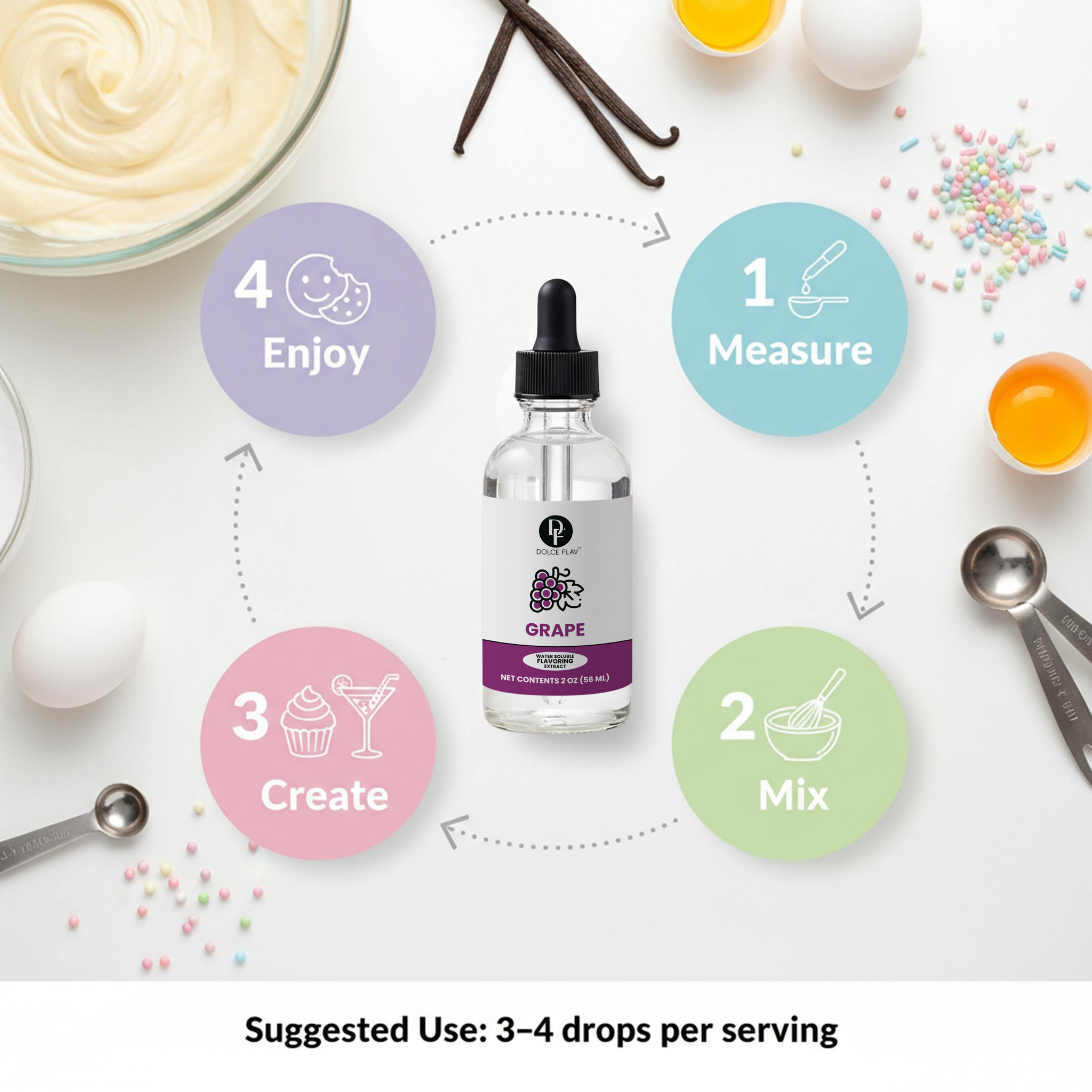Bottle of grape-flavored extract with cooking ingredients and steps on a white background