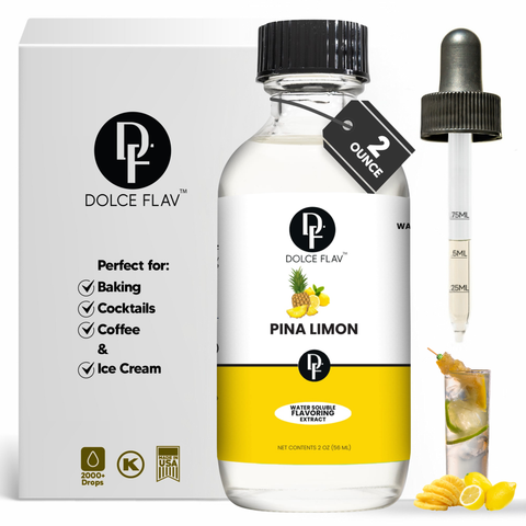 Dolce Flav Pina Limon flavoring extract with packaging and a sample bottle.