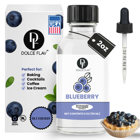 Dolce Flav blueberry flavoring extract with packaging, dropper, and blueberries on a white background