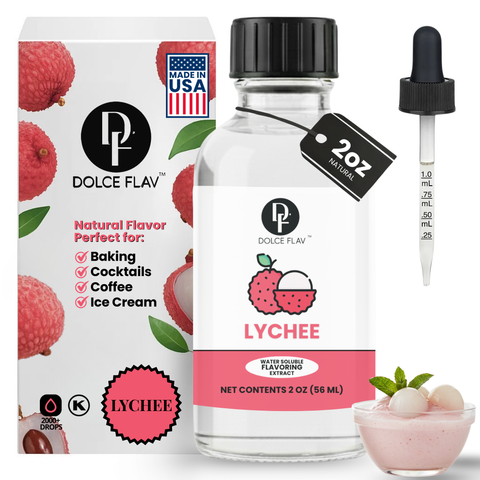 Dolce Flav lychee flavor extract bottle with packaging and dropper on a white background