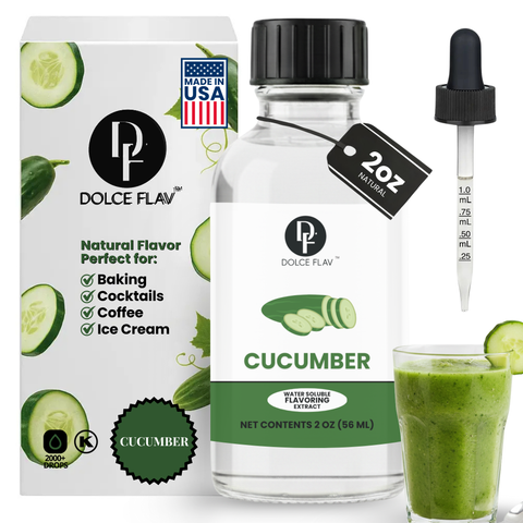 Dolce Flav cucumber flavoring extract with packaging, bottle, dropper, and glass of green liquid.