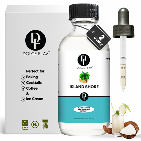 Dolce Flav Island Shore flavor extract with packaging and dropper on a white background