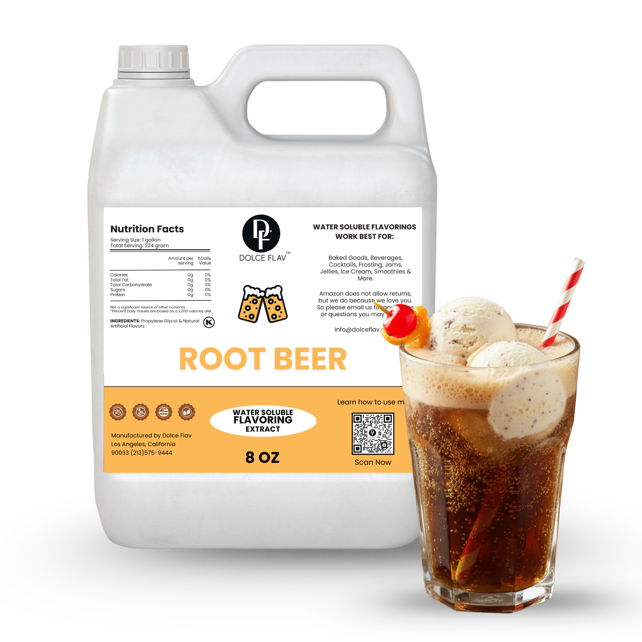 Dolce Flav root beer flavor extract container with a glass of root beer float on a white background