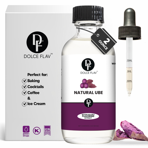 Dolce Flav Natural Ube flavoring bottle with packaging and dropper on a white background