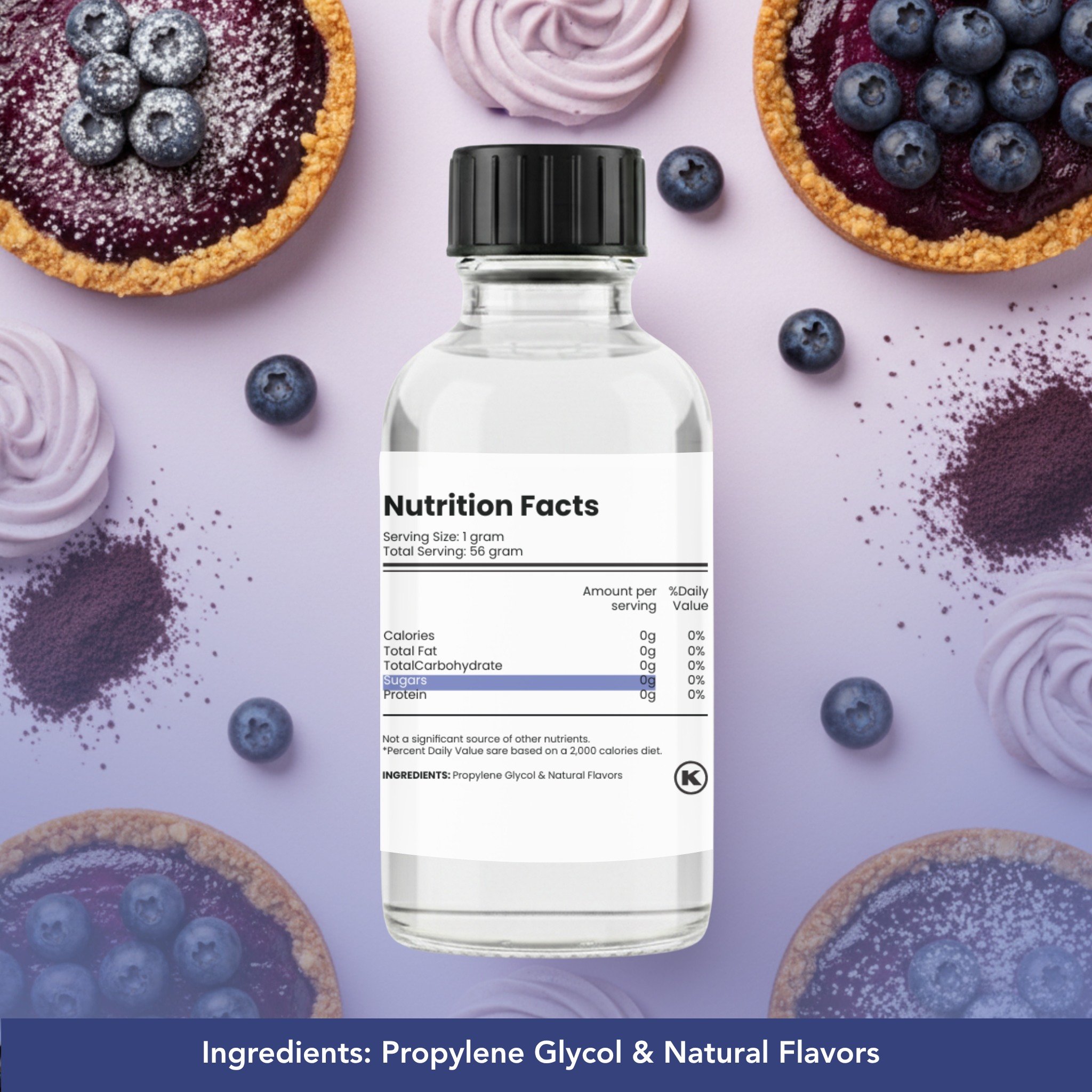 Bottle with nutrition facts label surrounded by blueberry pies and berries on a light purple background