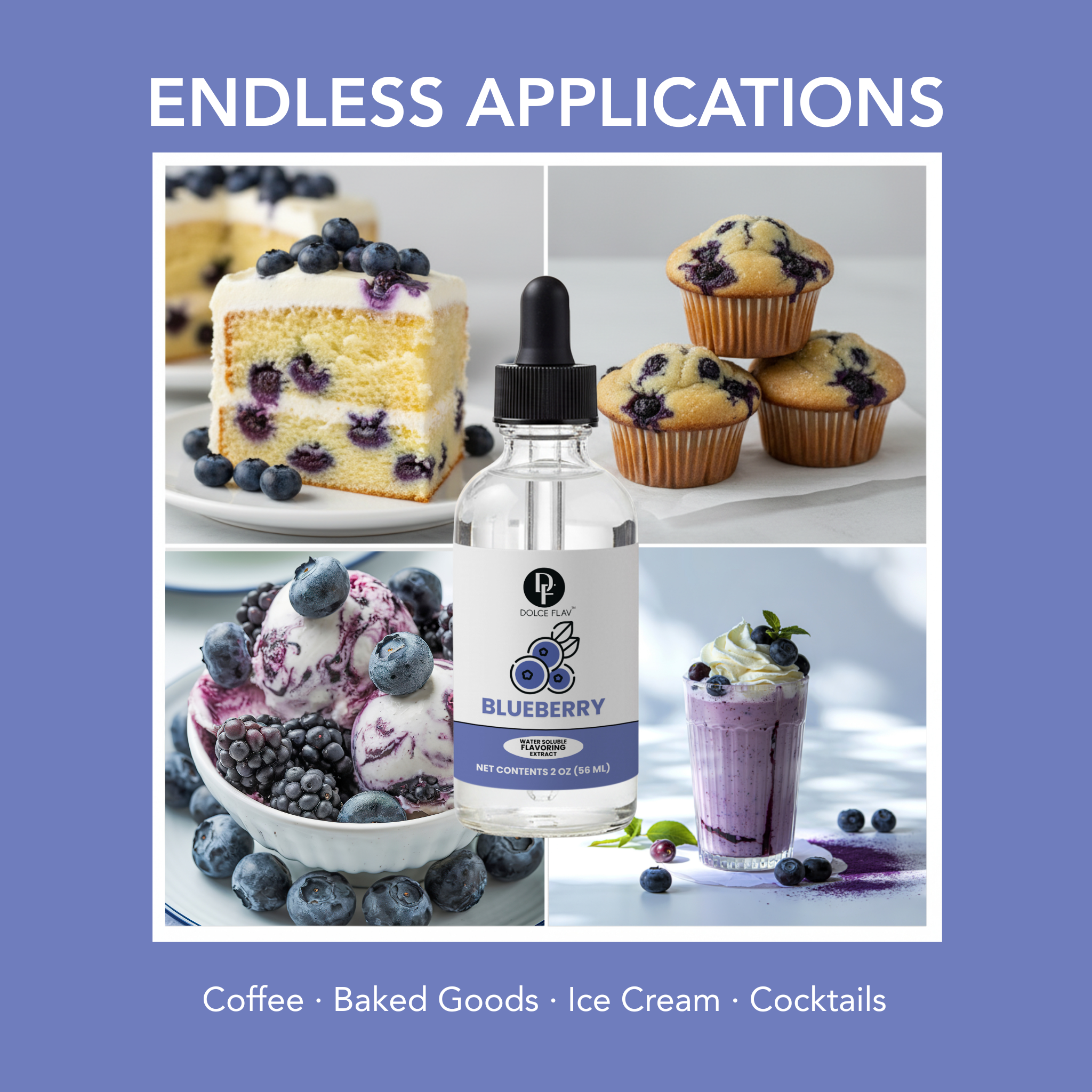 Collage of blueberry-themed products with a bottle labeled 'Blueberry' against a blue background.