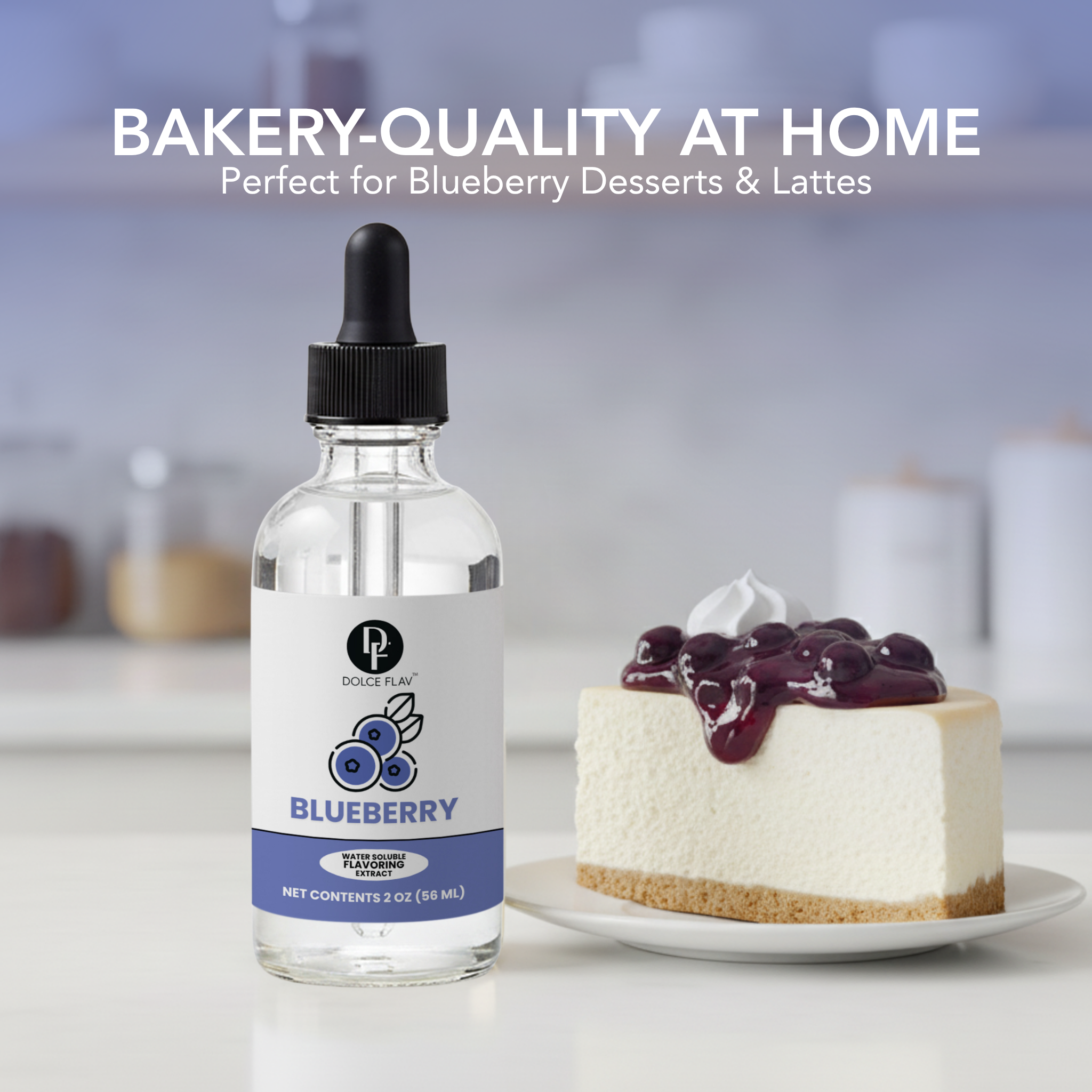 Bottle of Dolce Flav blueberry flavoring next to a cheesecake with blueberry sauce on a kitchen counter.