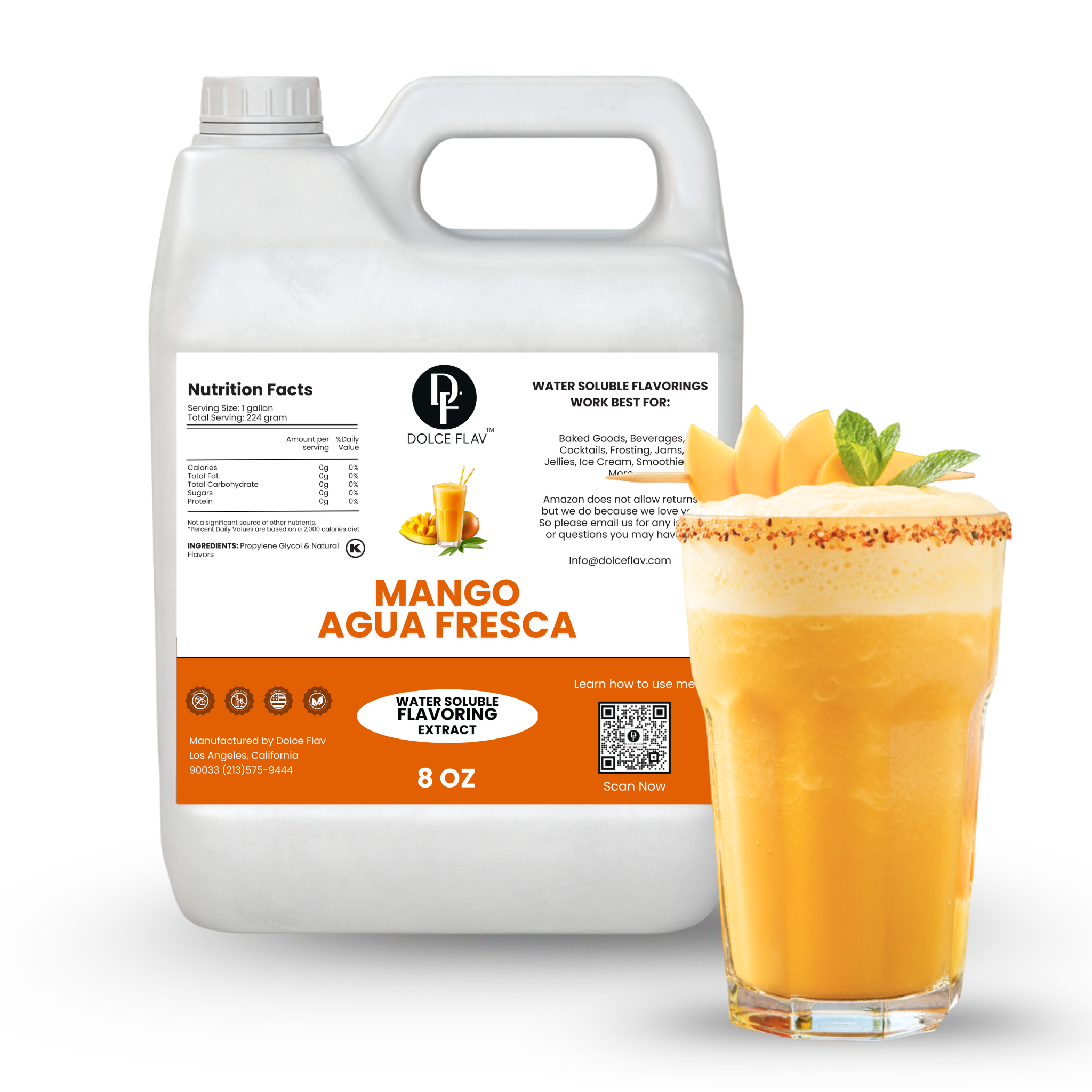 Mango Agua Fresca flavoring extract container with a glass of mango-themed drink on a white background