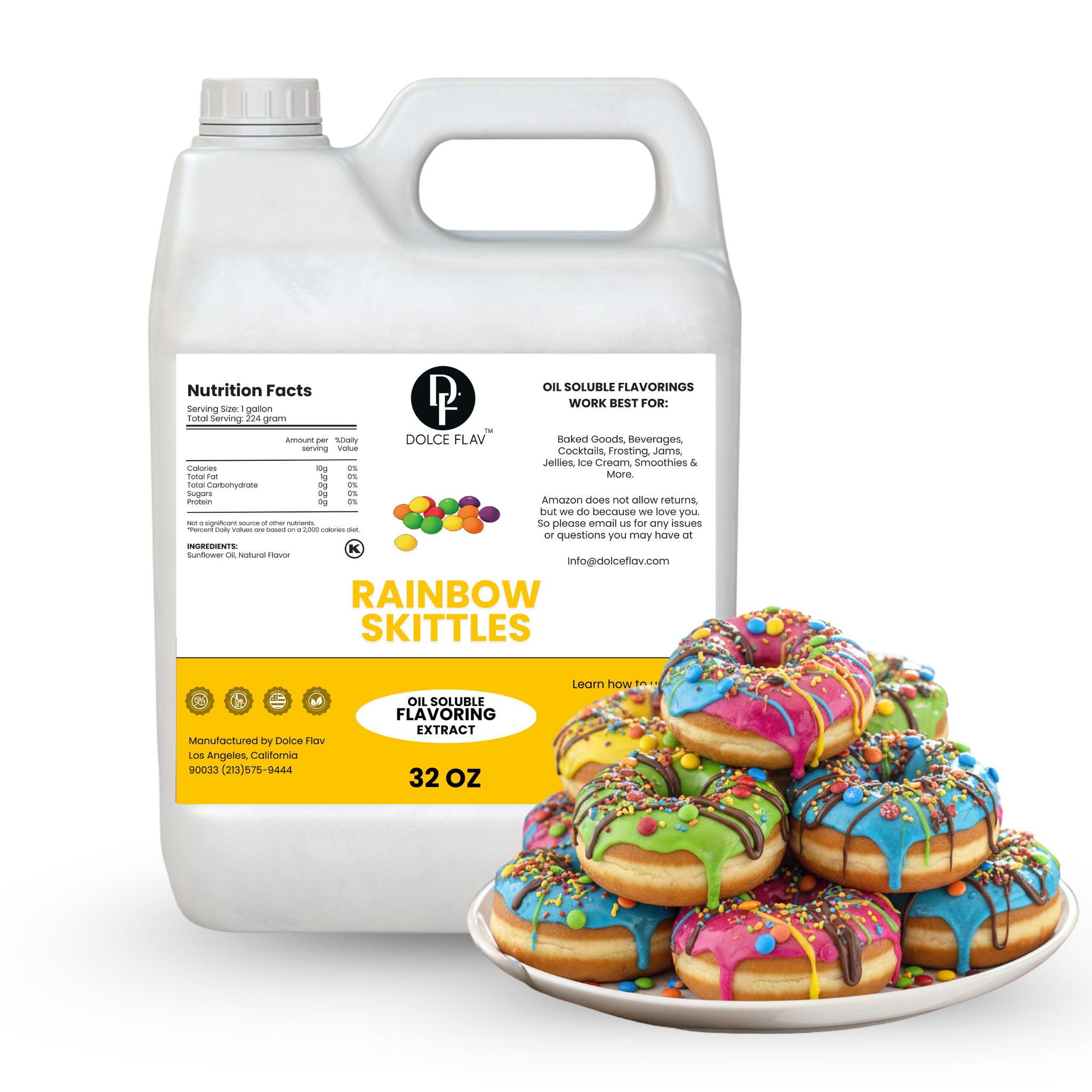 Container of Rainbow Skittles flavor extract with colorful donuts on a plate