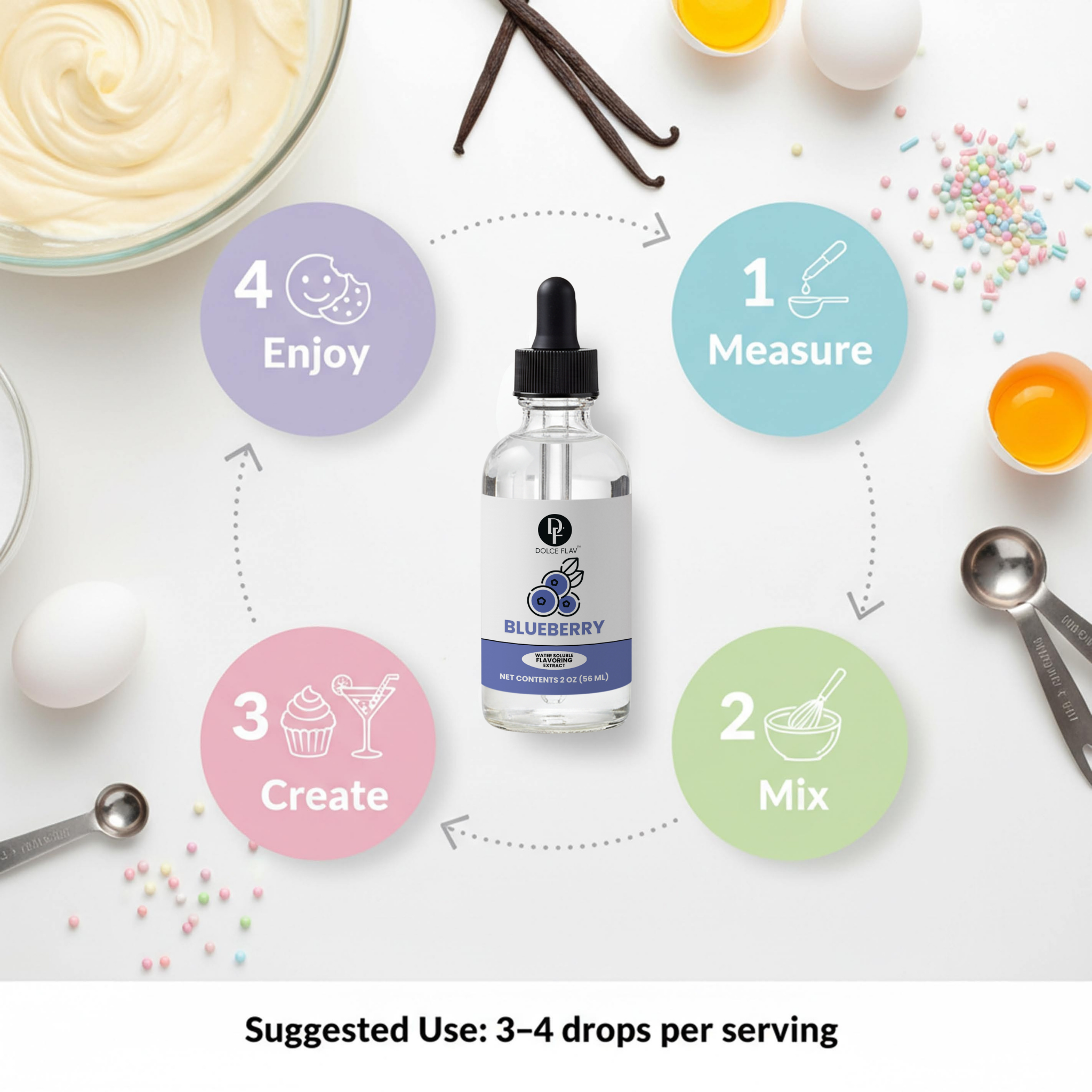 Bottle of blueberry flavoring with cooking ingredients and steps on a white background