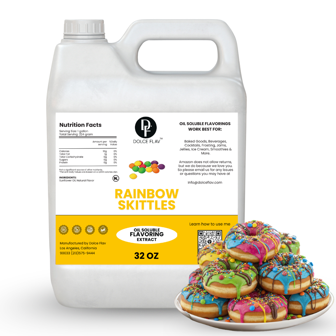 Dolce Flav rainbow skittles flavoring extract container with colorful donuts on a white background