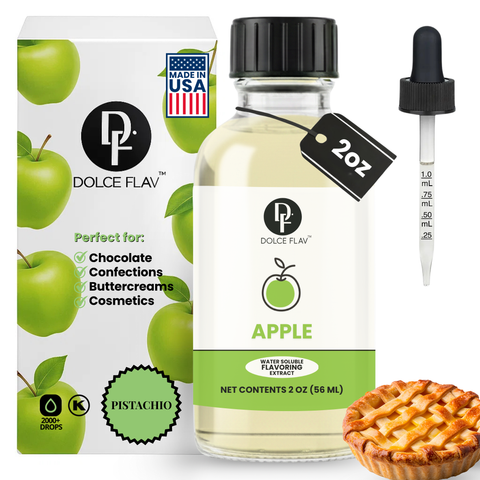 Dolce Flav apple flavoring extract with packaging, dropper, and pie on a white background