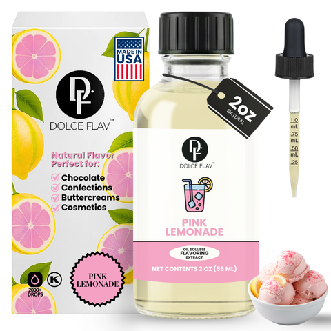 Dolce Flav Pink Lemonade flavor extract with packaging, dropper, and ice cream.