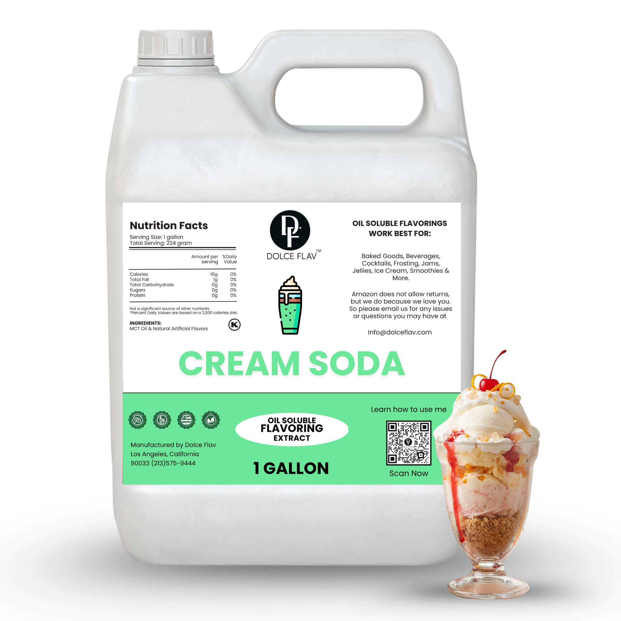 Dolce Flav cream soda flavoring extract container with a dessert on a white background