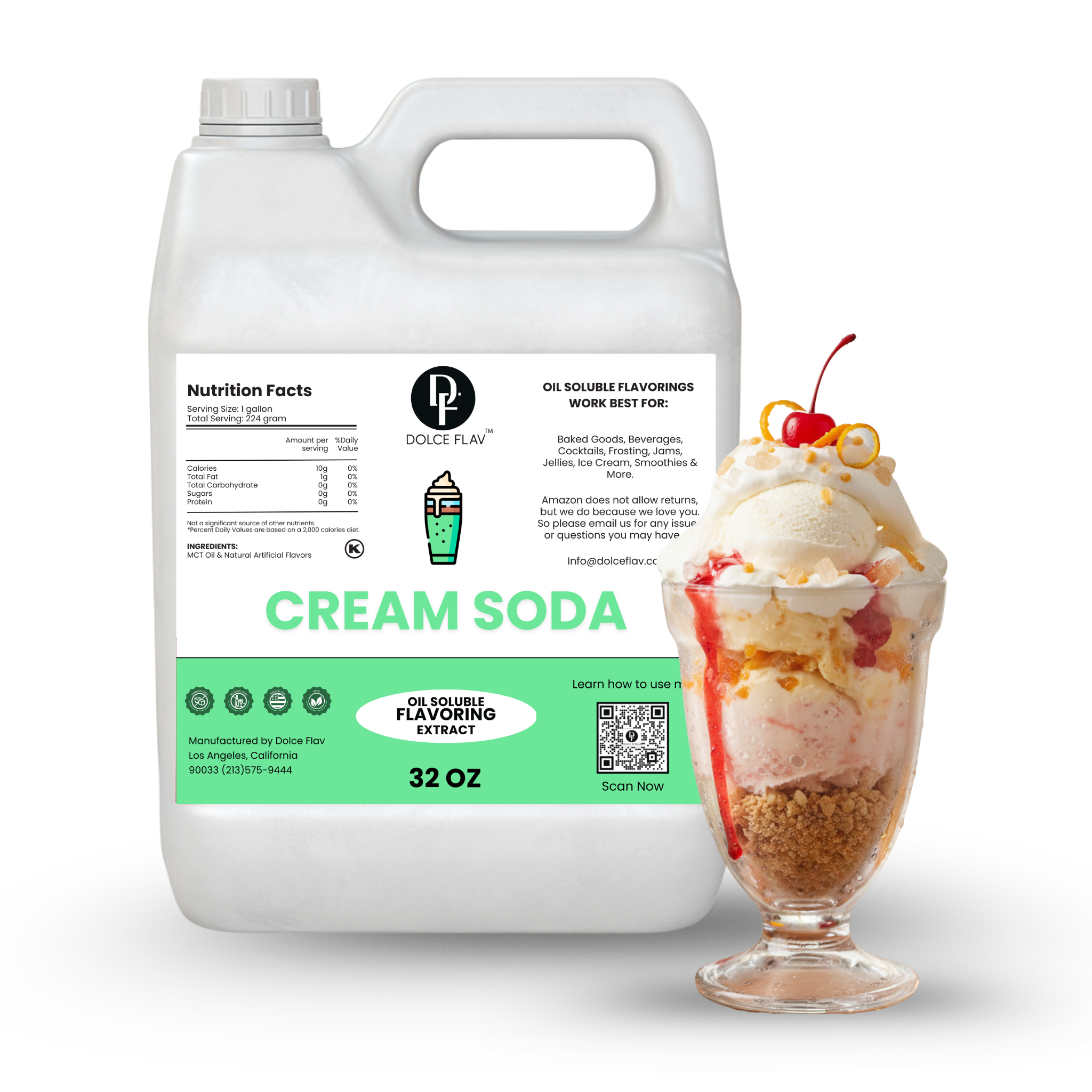 Container of cream soda flavor extract next to a dessert with ice cream and a cherry on top.