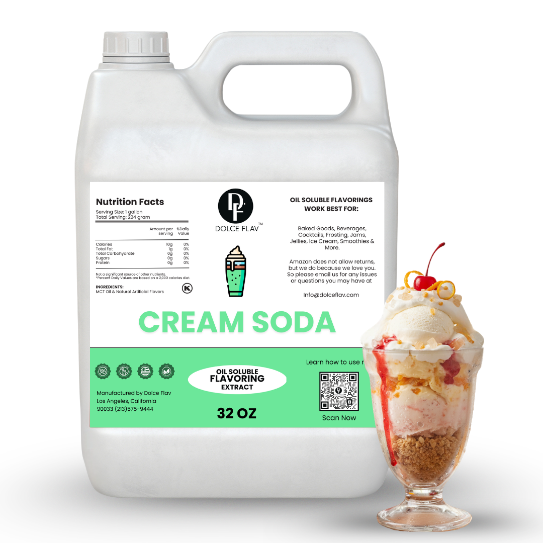 Dolce Flav cream soda extract container with a dessert illustration on a white background