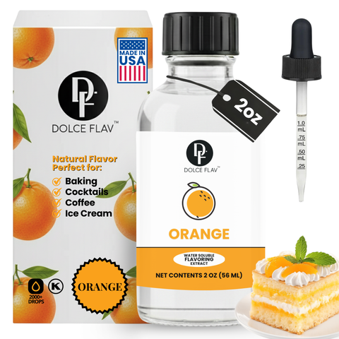 Dolce Flav orange flavor extract bottle with packaging and a piece of cake.