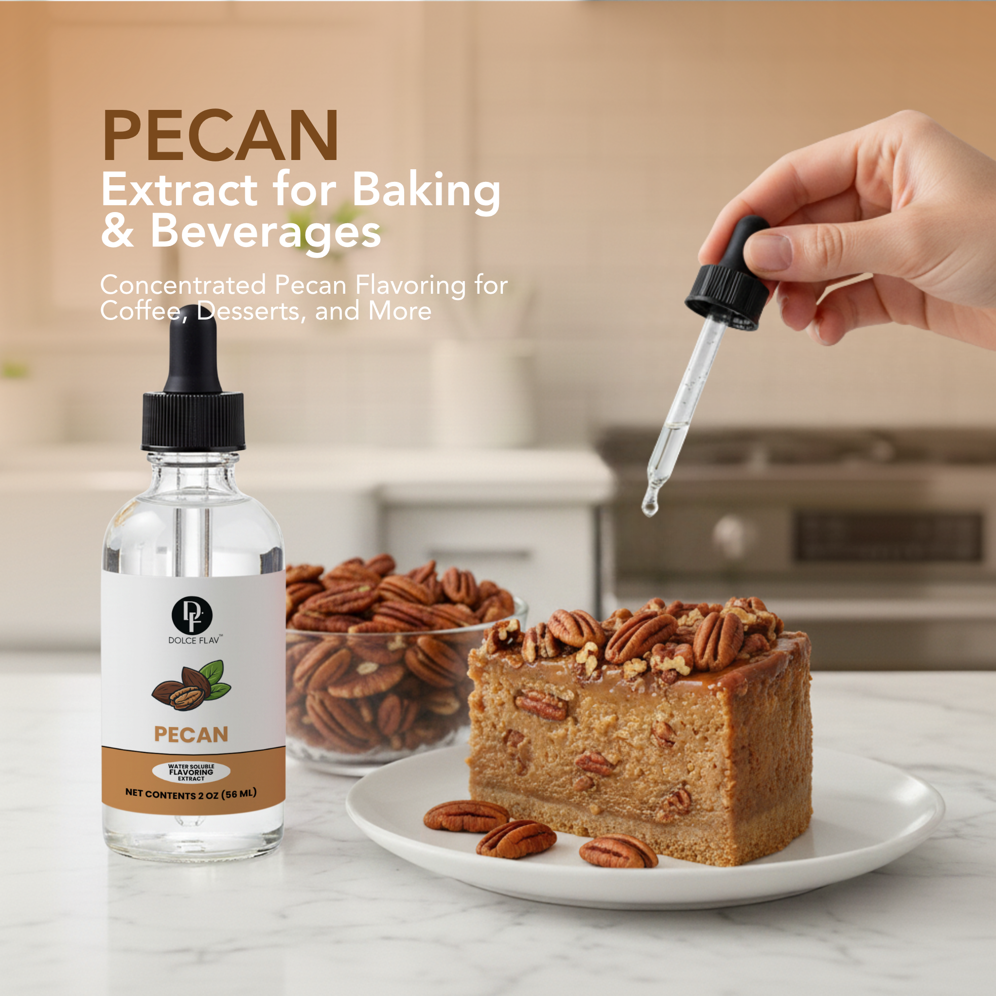 Pecan extract bottle with dropper, pecans, and a cake on a kitchen counter.