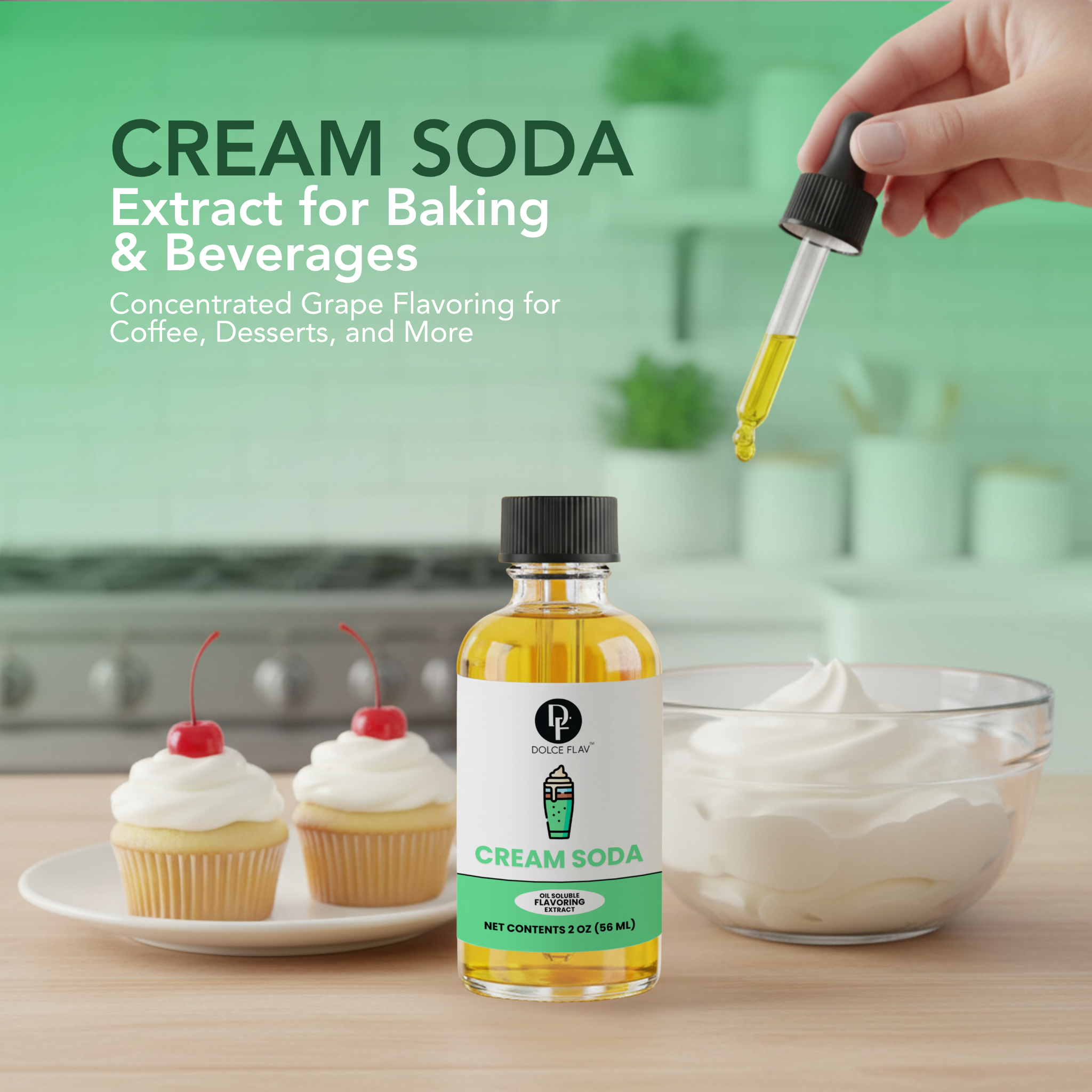 Bottle of cream soda extract with a dropper, surrounded by cupcakes and whipped cream on a kitchen counter.