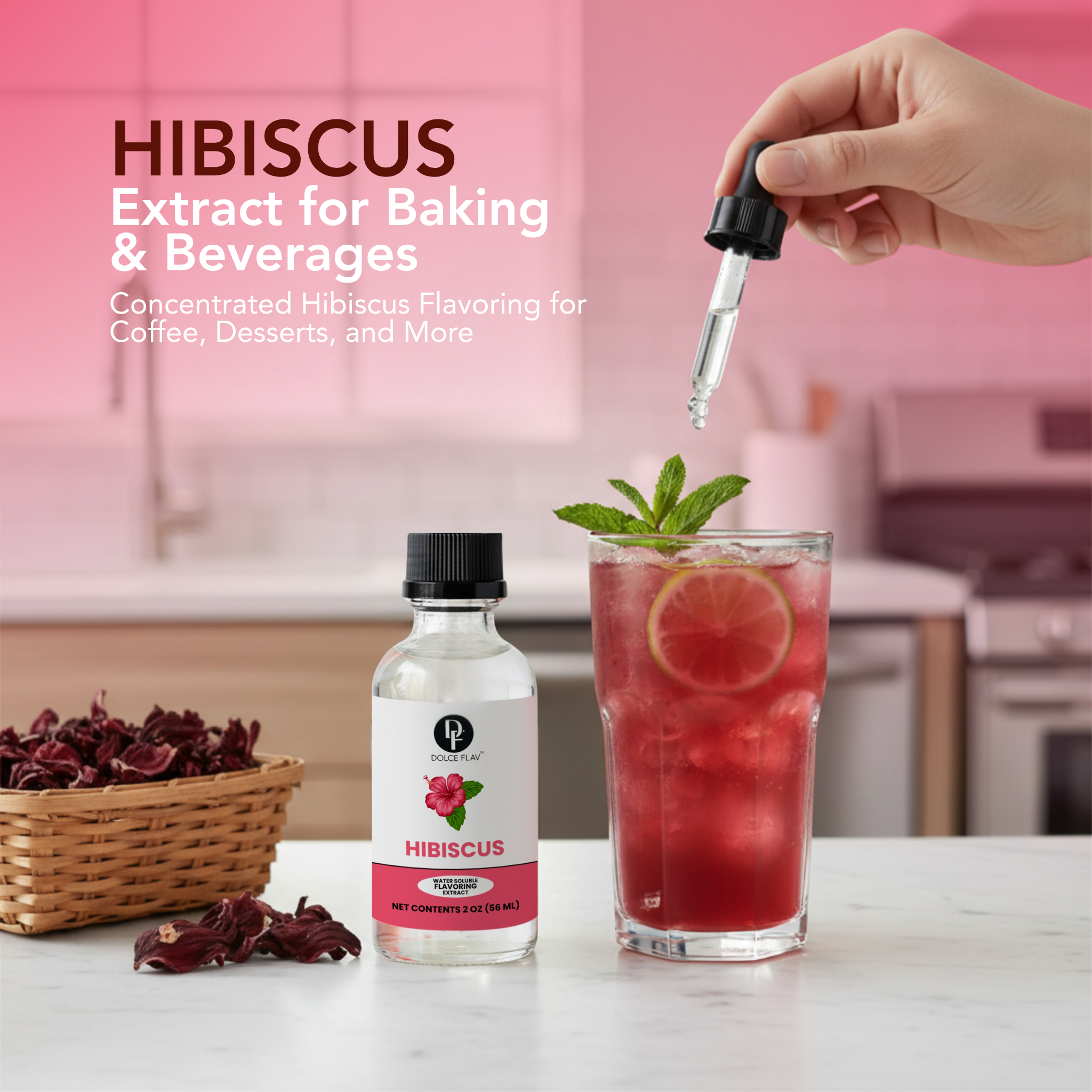 Hibiscus extract bottle with a dropper, dried hibiscus flowers, and a glass of hibiscus tea in a kitchen setting.